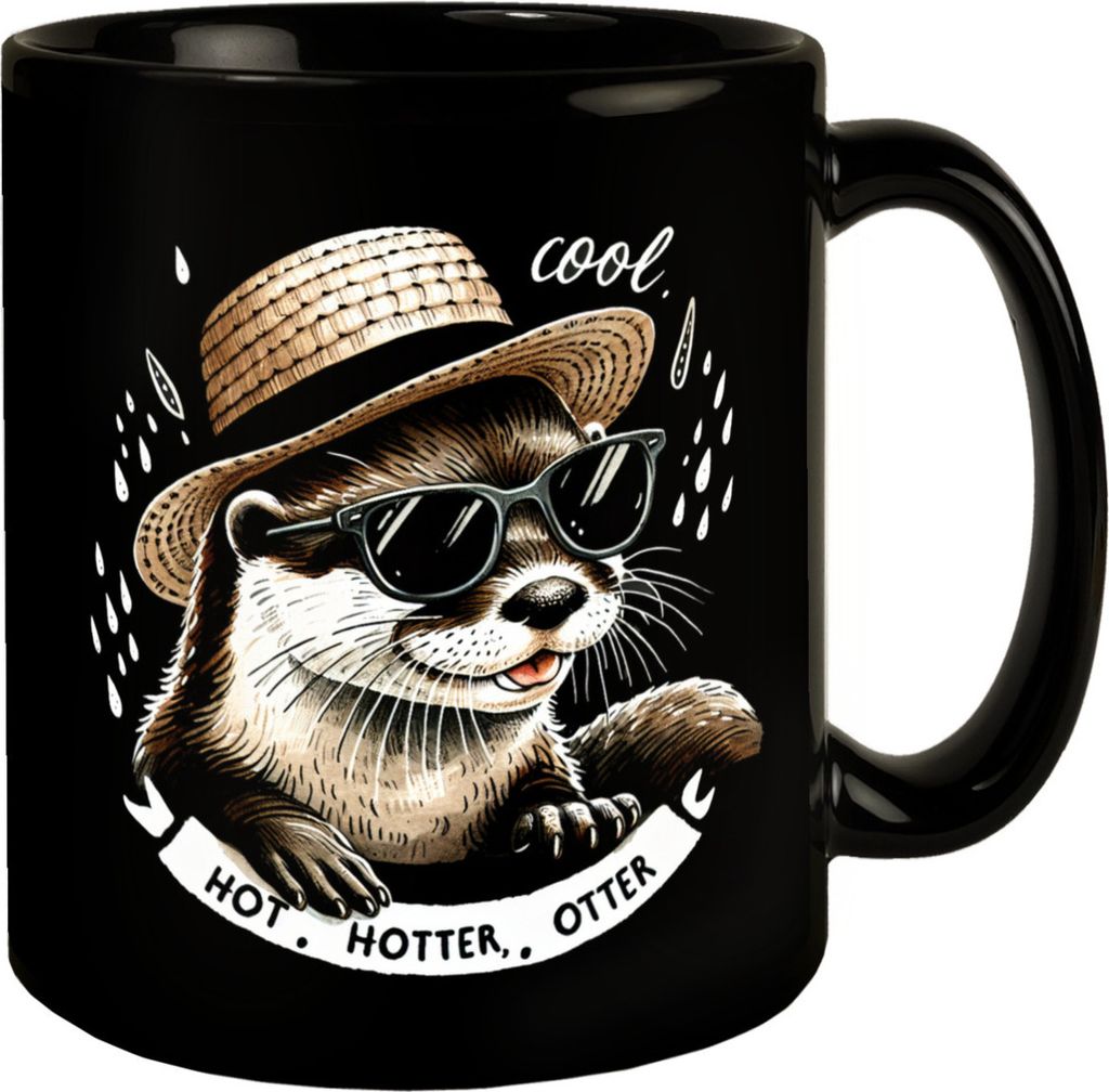 Otter mit Strohhut und Sonnenbrille Tasse in Schwarz mit Produktbild 