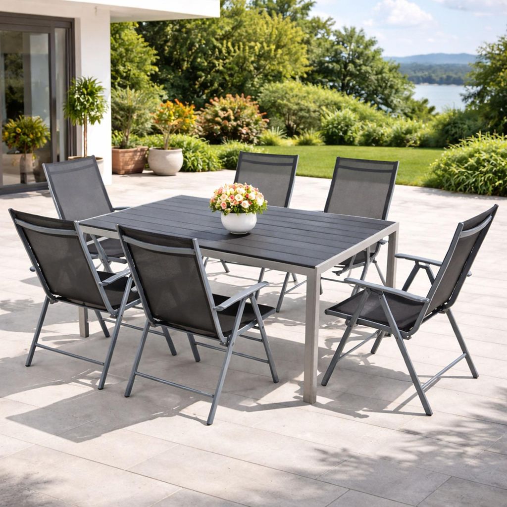 7tlg Gartenmöbel Set Alu Silber Non-Wood 180x90cm + 6 Hochlehner