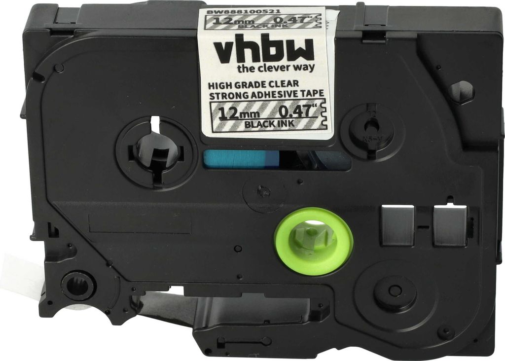 vhbw Schriftband-Kassette kompatibel mit Brother PT E550W, RL700S Etiketten-Drucker 8m x 12mm Schwarz auf Transparent