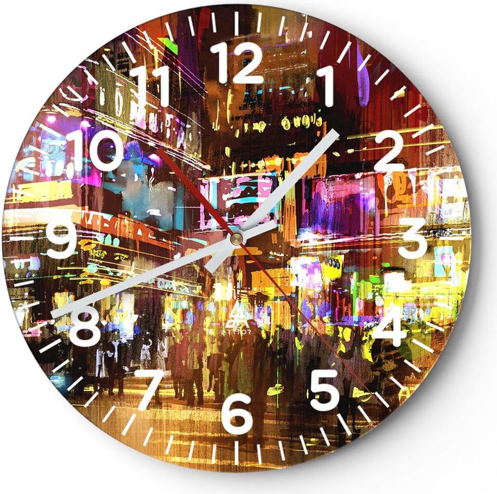 Wanduhr - Rund - Glasuhr - Street Lichter Nacht Illustration - 30x30cm - Schleichendes Uhrwerk - Lautlos - zum Aufhängen bereit - Dekoration Moder...