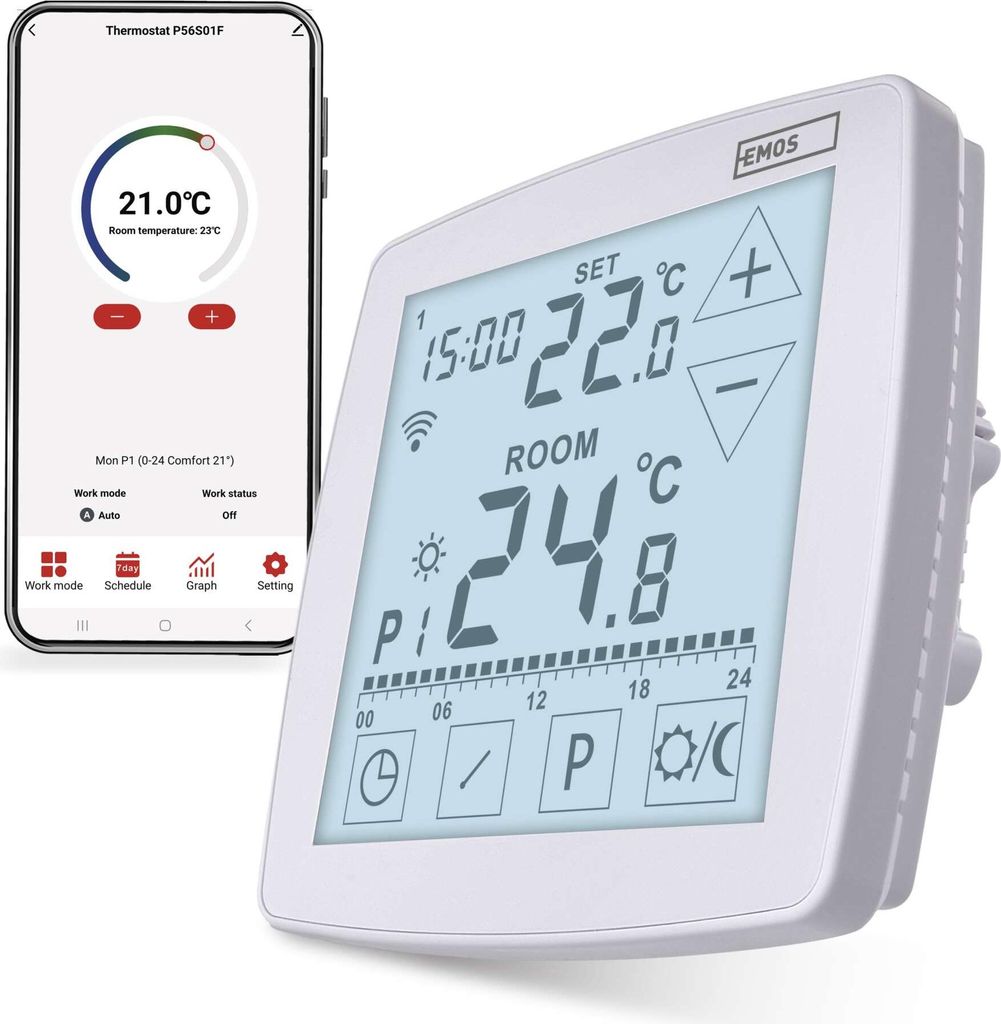 EMOS GoSmart Thermostat für Fußbodenheizung mit App, WiFi, OpenTherm, mit Touch-Bedienung, Tuya, Smart Life, Google und Alexa kompatibel, P56S01F