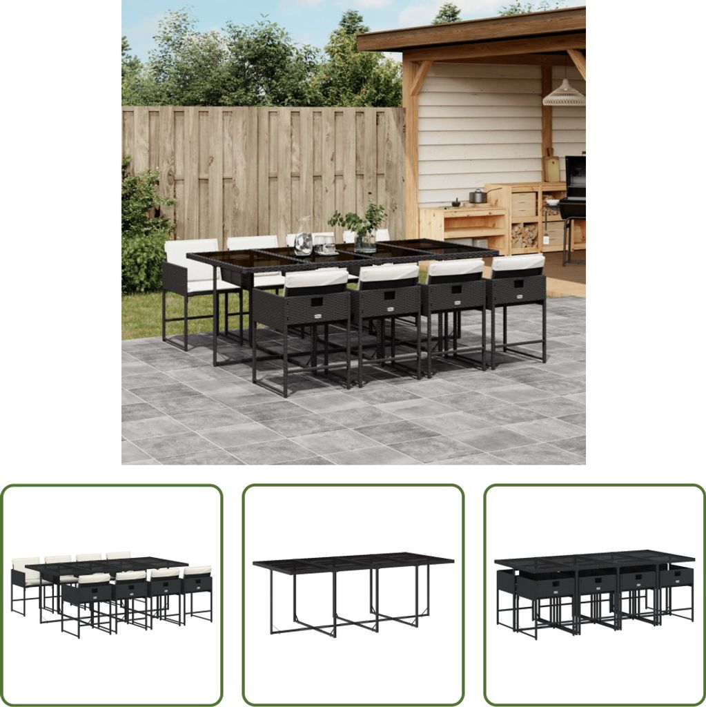 The Living Store 9-tlg. Garten-Essgruppe mit Kissen Schwarz Poly Rattan