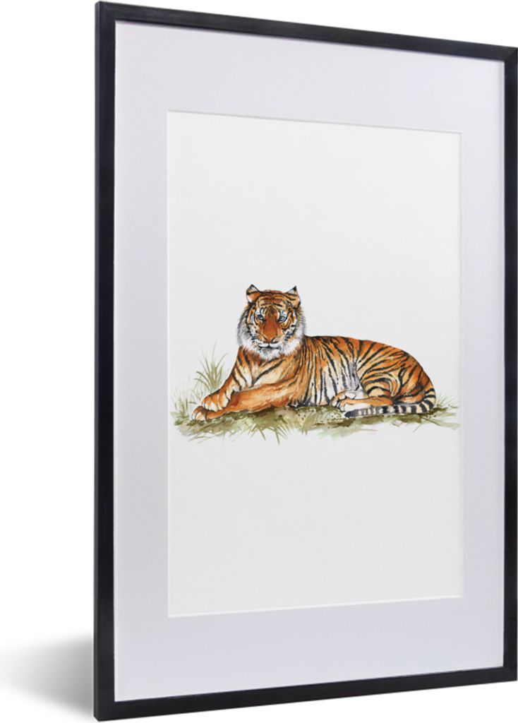 MuchoWow MuchoWow Gerahmtes Poster Tiger - Bild - Gras 40x60 cm - Poster mit zchwarzem Bilderrahmen - Poster in Rahmen