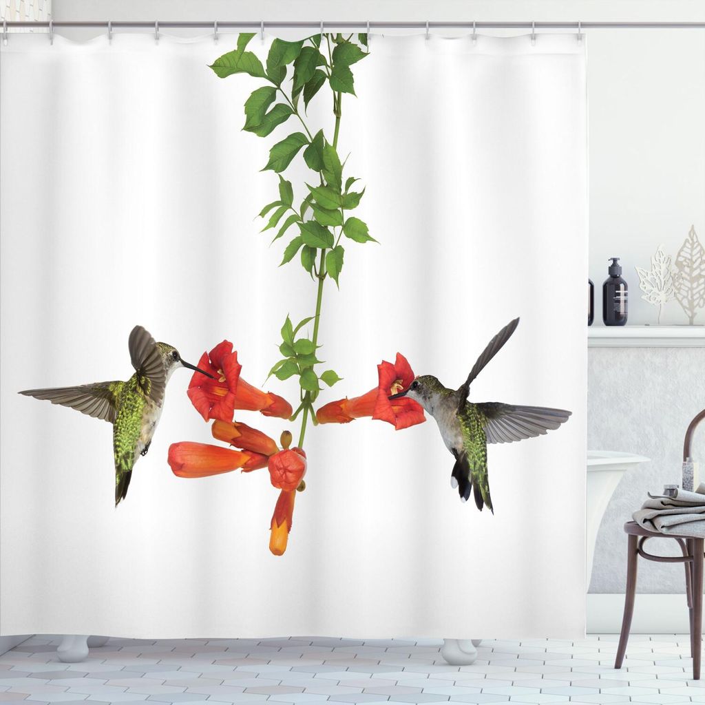 ABAKUHAUS Kolibri Duschvorhang, Rote Hängematte Und Kolibri In Einer Ruhigen See Fantasie Märchen Szene, 175 x 180 cm, Schwarz Grün Rot