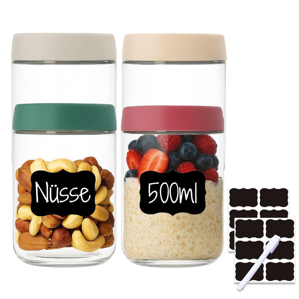 4er Set bunte Einmachgläser ca. 500ml mit Schraubdeckel inkl. 12x Etiketten und 1x Stift