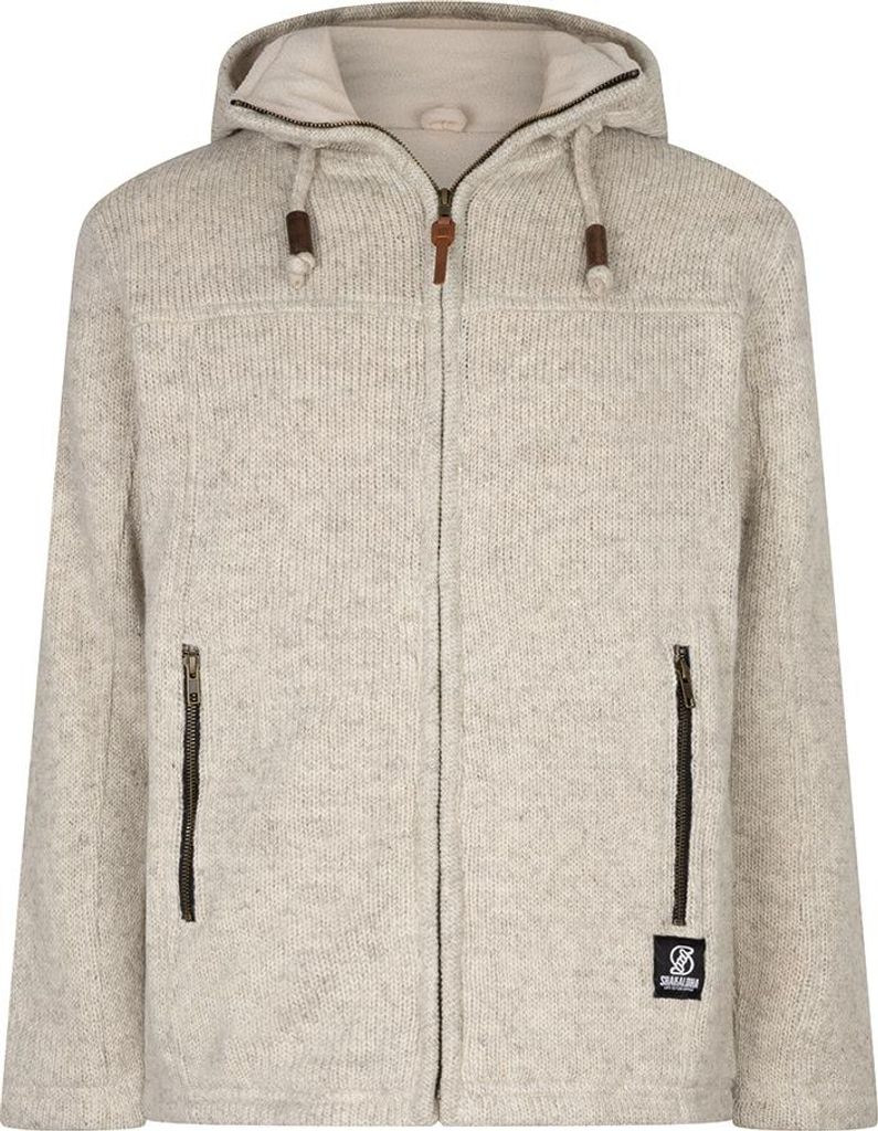 Shakaloha Strick-Wollweste Navigator Beige Creme mit Fleecefutter und abnehmbarer Kapuze – Herren/Uni – Handgefertigt in Nepal aus Schafwolle
