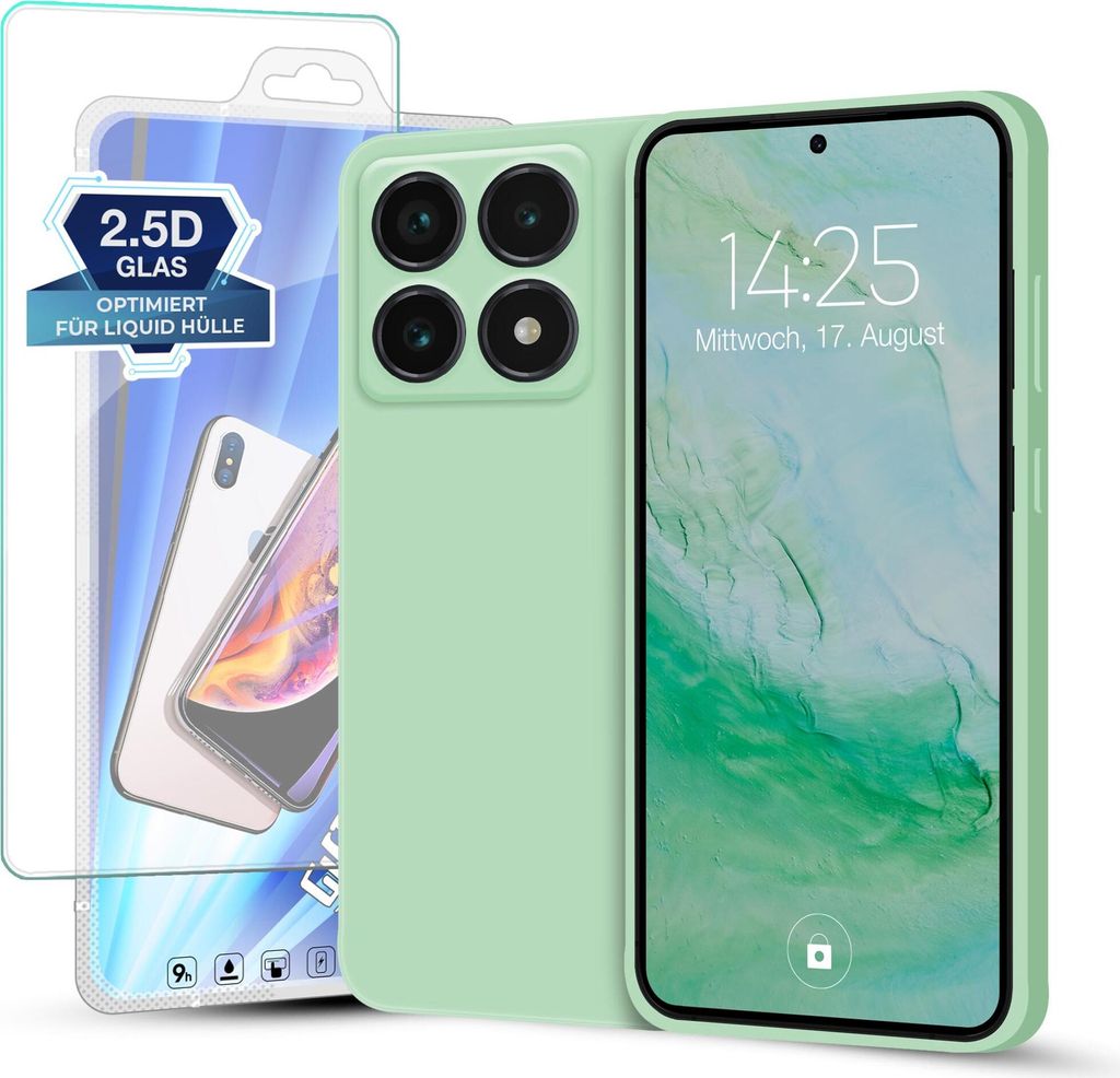 Hülle für Xiaomi 14T Pro mit 9H Displayglas Displayschutz Plus Case Cover Bumper Silikon Softgrip Schutzhülle Farbe: Türkis