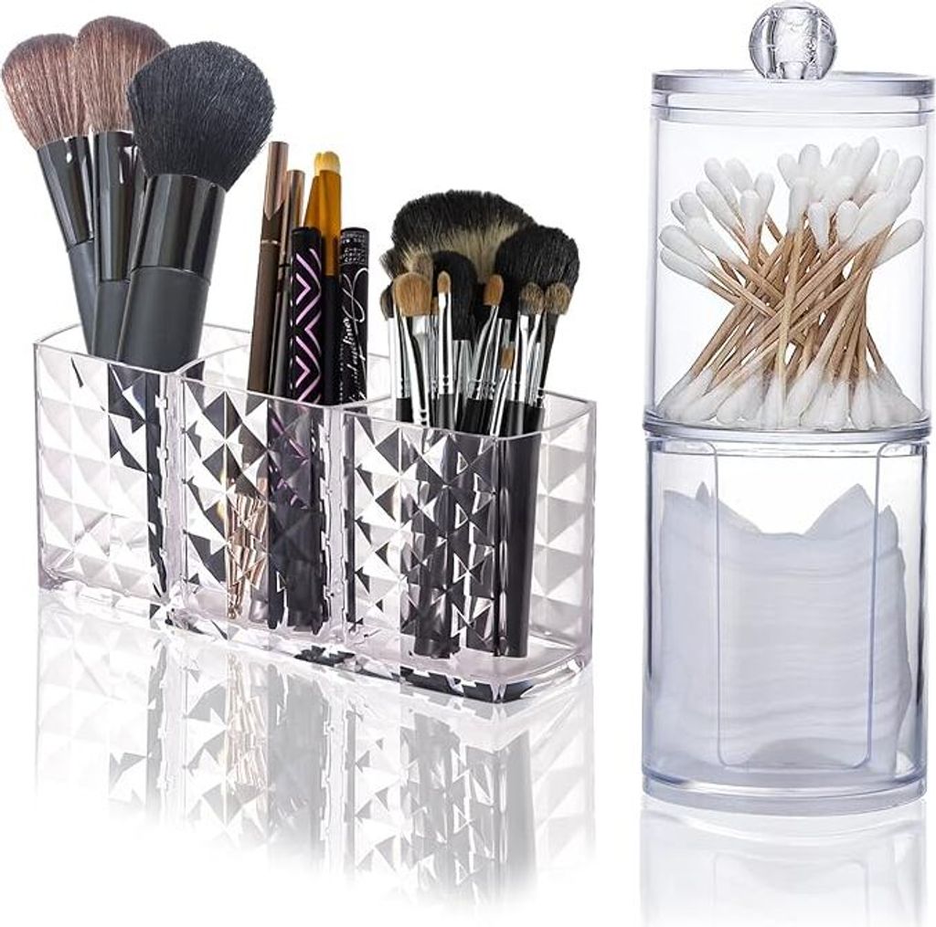 3 Fächern Kosmetik Organizer, Glas Wattestäbchen Behälter, Schminke Aufbewahrung Pinselhalter Make Up Organizer & Wattestäbchen Behälter für ...