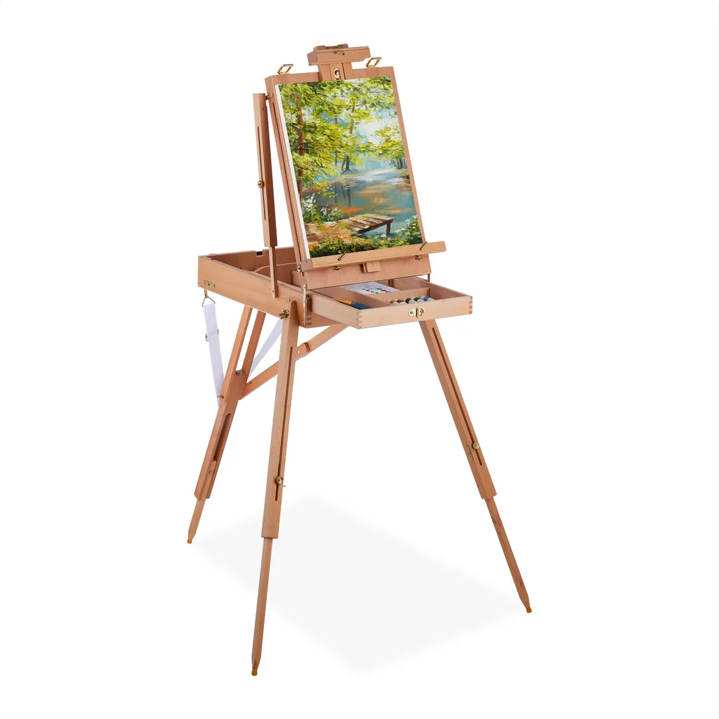 Relaxdays Grand chevalet en valise en bois de hêtre avec tiroir intégré