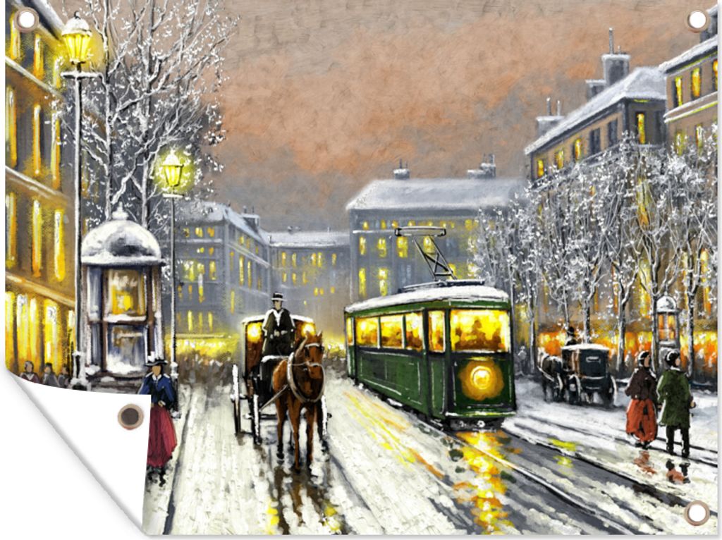 MuchoWow 40x30 cm Outdoor-Poster Gartendeko Sichtschutz Garten Poster für den Garten Gemälde - Ölgemälde - Winter - Straßenbahn - Pferd