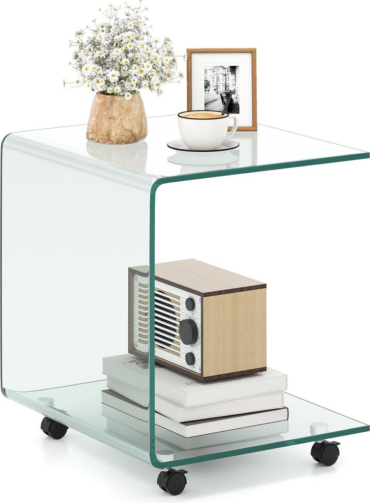 COSTWAY Beistelltisch aus Glas mit Rollen, Glastisch C-Form, Nachttisch, Sofatisch, Kaffeetisch für Wohnzimmer, Schlafzimmer, 45x40x48cm, Transparent