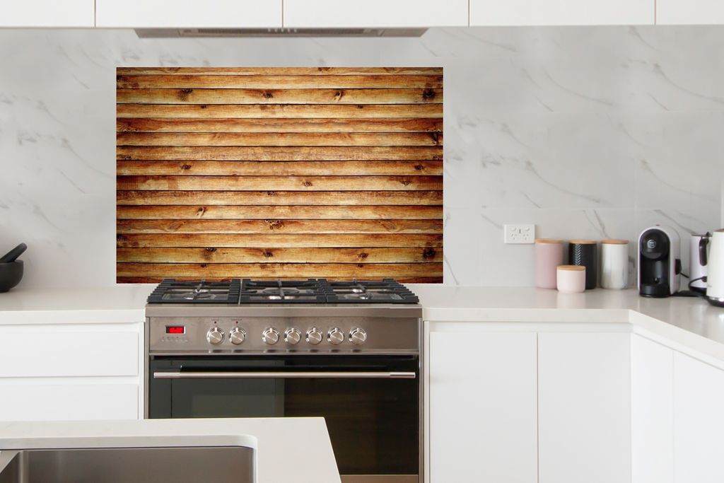 KitchenYeah Spritzschutz Küche - Küchenrückwand - Wandschutz für Herd und Spüle - Wand - Regale - Holz 120x80 - Alu-Dibond (Alternative zum ...