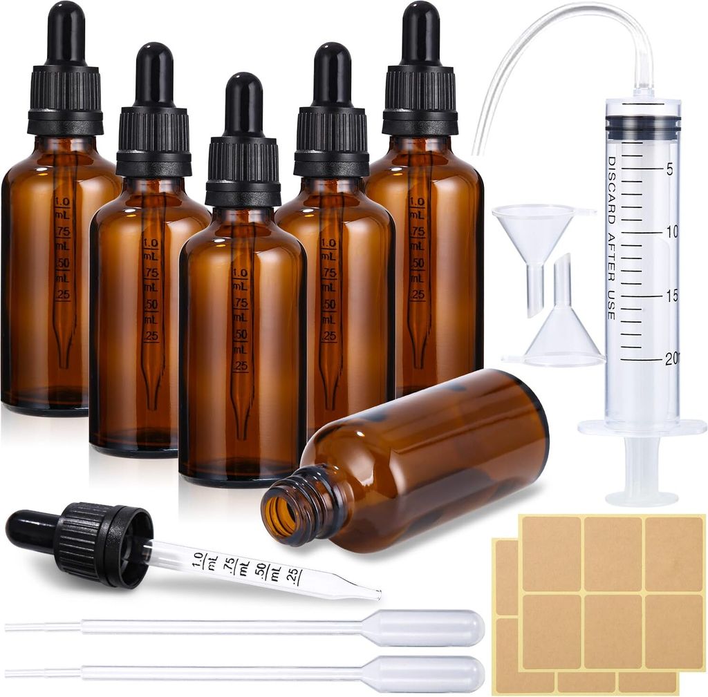 6er-Set, 50 ml Braunglas-Pipettenflaschen, Medizinflaschen, Braunglas-Pipettenflaschen, Tropfflaschen mit Trichteraufklebern, mit Etiketten, 6er-Set