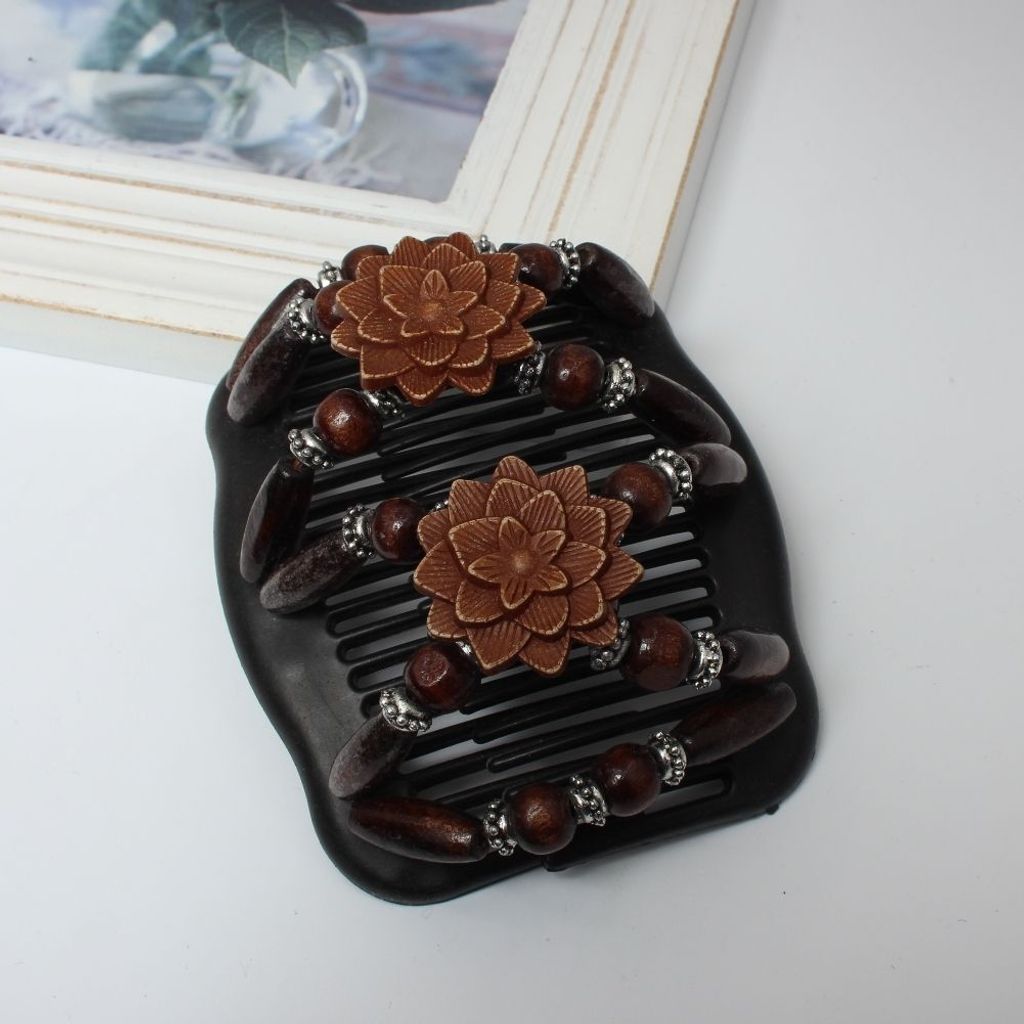 Trend African Hairclip Haarklammer Haarkamm Blüten Holzdesign Braun 2
