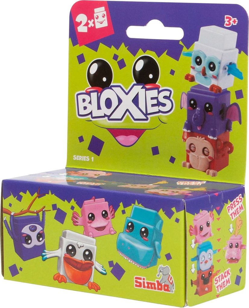 The image shows the packaging of a toy called Bloxies, featuring colorful characters and branding.