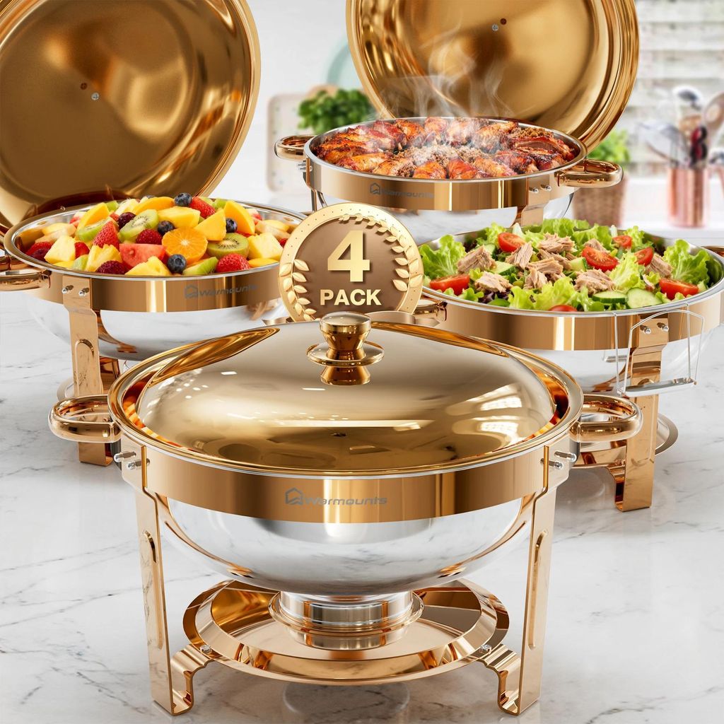 Buffet Warmhaltebehälter - Rundes Chafing Dish 4,7 l 4er Set - Hochwertig - Für Buffet, Party, Hochzeit - Roségold