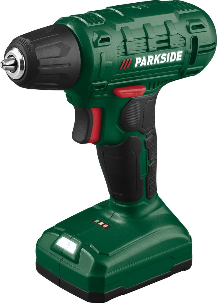 A cordless drill with a battery pack attached, shown against a white background.