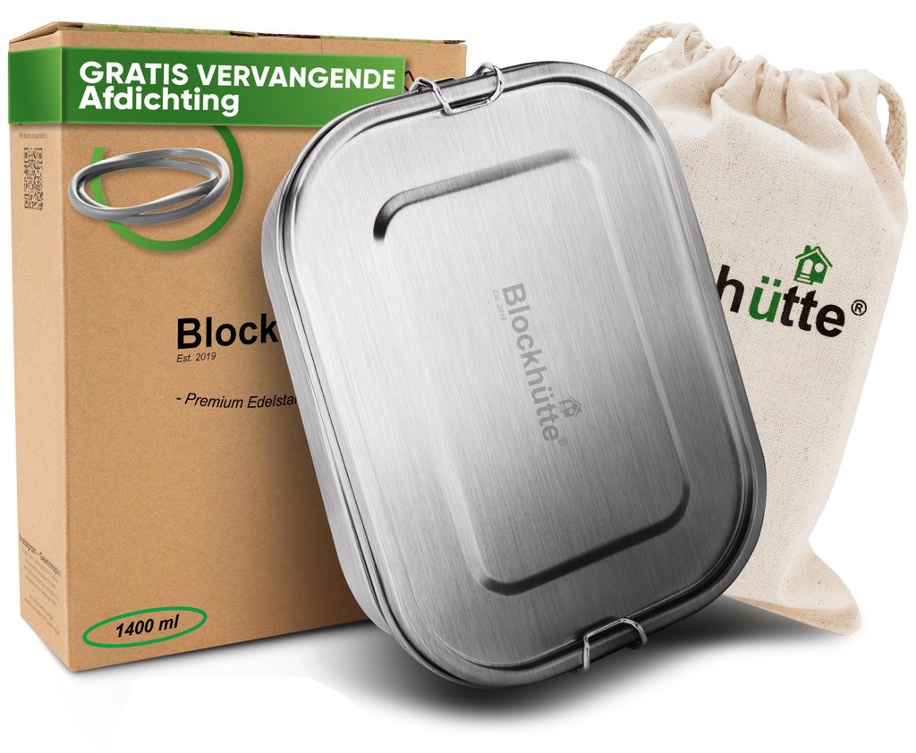 Blockhütte RVS lunchbox 1400 ml grote broodtrommel 3 vakjes Productafbeelding 
