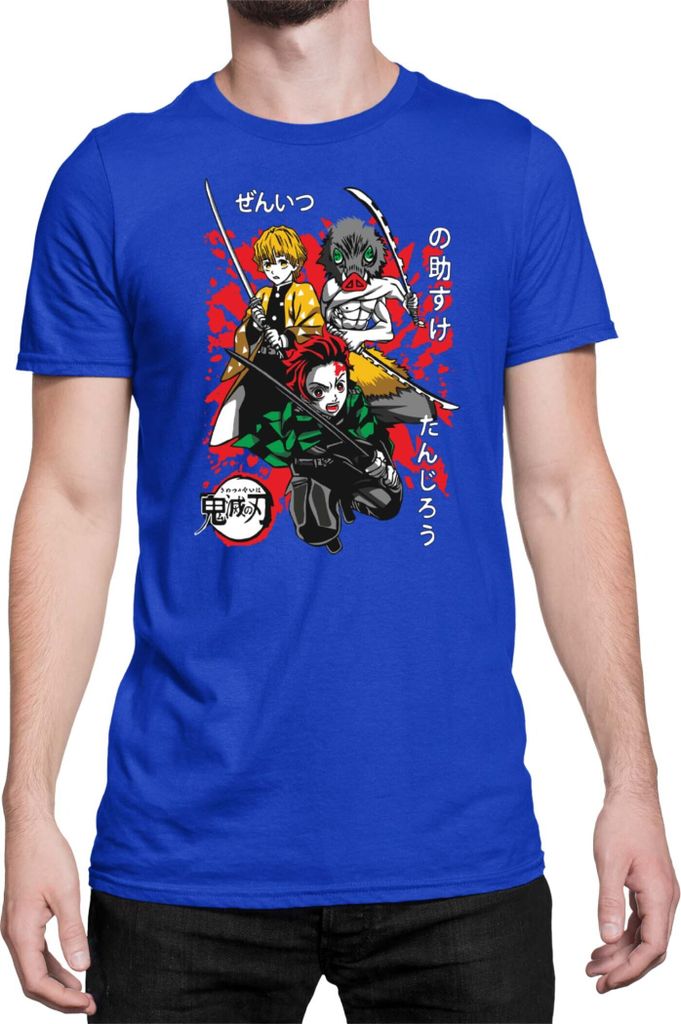 Herren T-Shirt Demon Anime Slayer Kimetsu No Yaiba Tanjiro Zenitsu Inosuke 002, Man XL / Blau