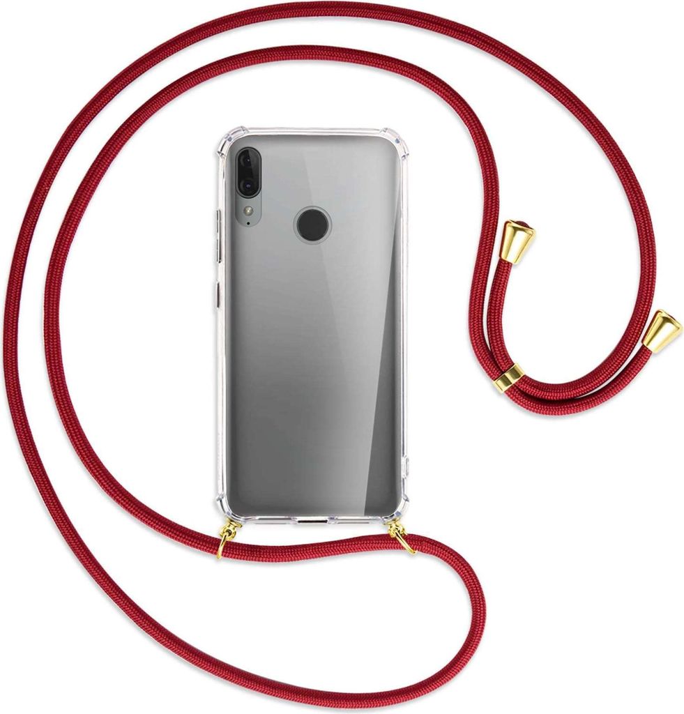 Handykette Backcover-Schutzhülle mit Band (Metall goldfarben) für Motorola Moto E6 Plus - dunkelrot