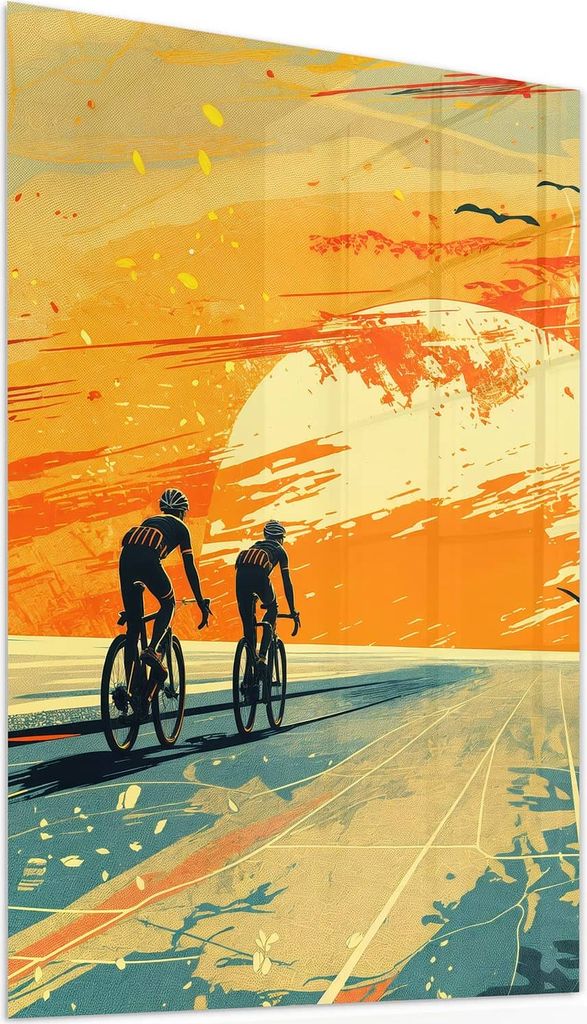 Glasbild 60x90cm in XXL für Wohnzimmer, Schlafzimmer Motiv Radfahrer Sonnenuntergang