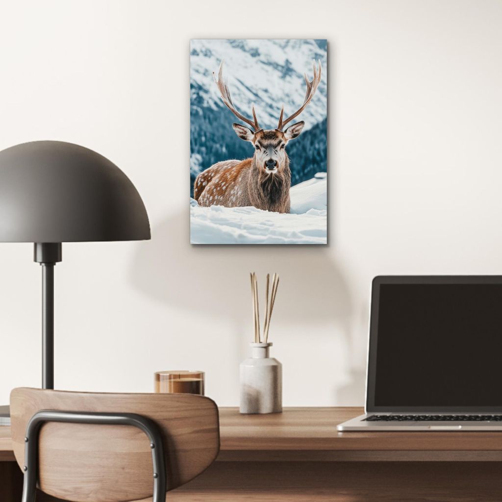 MuchoWow Wanddekoration Metall Metallbild Wandkunst 20x30 cm Hirsche - Landschaft - Winter - Natur - Tiere - Berge MuchoWow Aluminium Gemälde - Al...