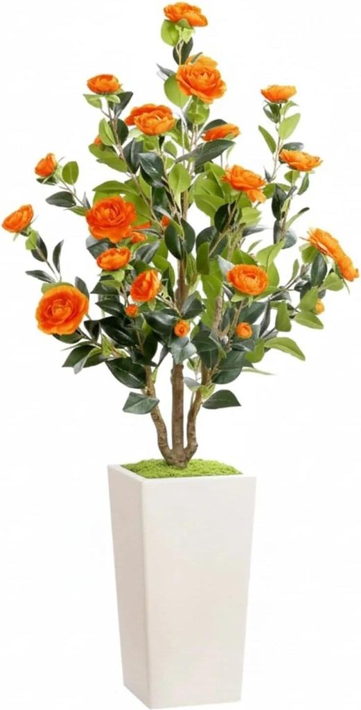 Künstlicher Kamelienbaum - Topfpflanze - 120 cm Höhe - Weißer Topf - Für Innenbereich - Bodenstehend - PVC - Blühend - Tiefrosa