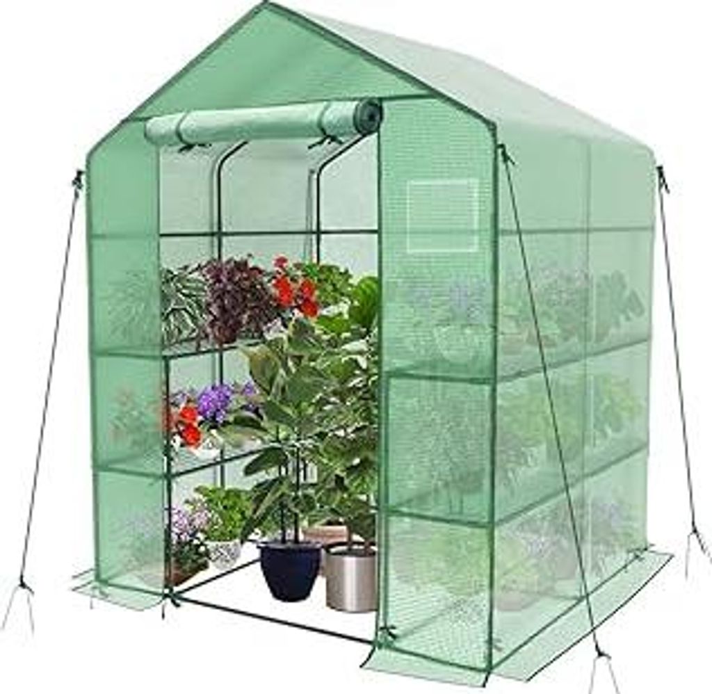 Gewächshaus Foliengewächshaus, begehbares Gartenhäuschen mit 8 Regalebenen, Tomatenhaus Tomatengewächshaus, Grün 143x143x195cm