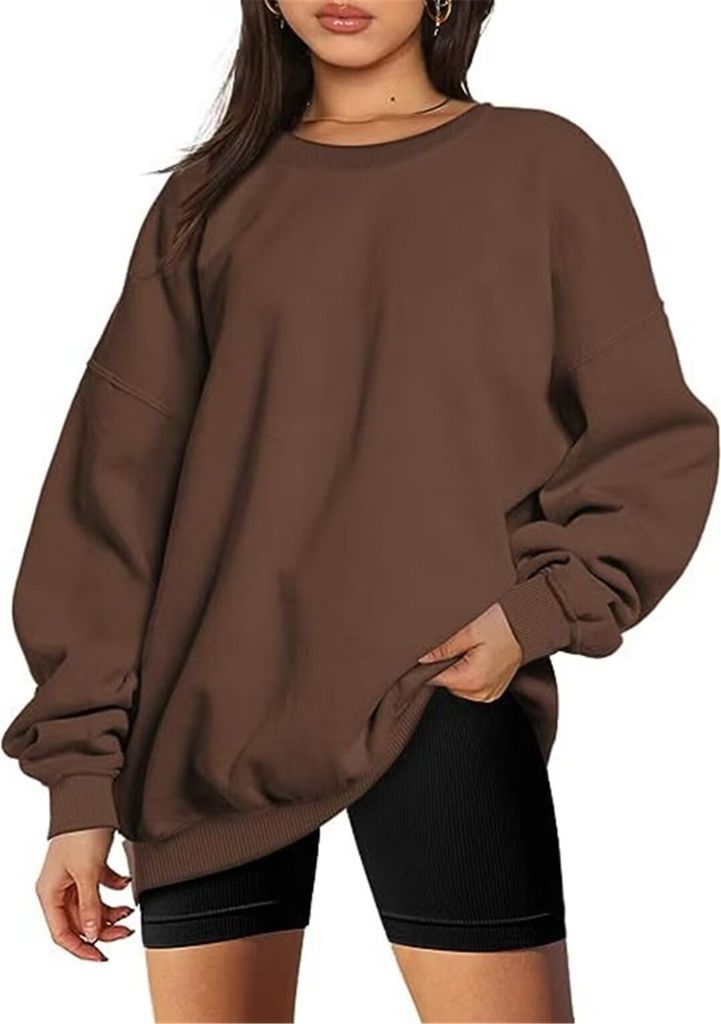 ASKSA Damen Sweatshirts Basic Rundhals Langarmshirt Loose Fleece Pullover Casual Oberteile Tops, Braun, M