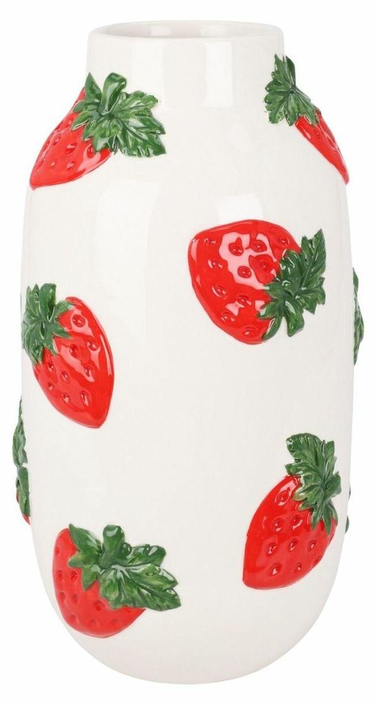 HOWHOMELY | Blumenvase - Pflanzenvase - weiß - rot - 29 cm - Dekovase - Erdbeermotiv - Dekorativ