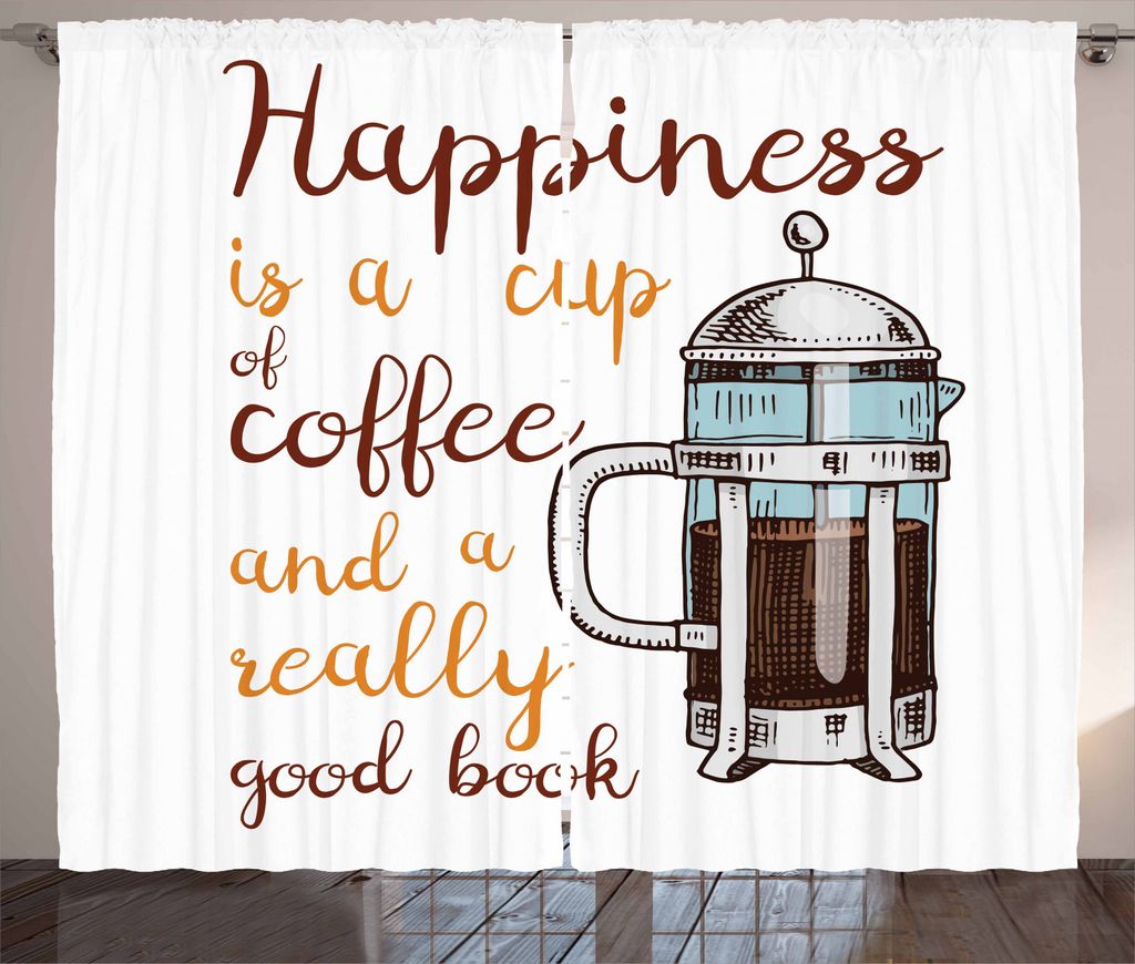 ABAKUHAUS Kaffee Rustikaler Gardine, Französisch Presse und Worte, Schlafzimmer Kräuselband Vorhang mit Schlaufen und Haken, 280 x 245 cm, Mehrfa...