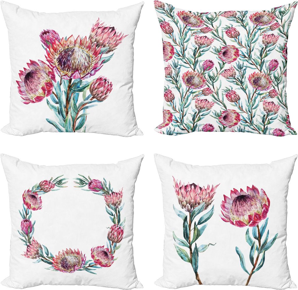 ABAKUHAUS Blumen Dekokissen Kissenbezug 4er Pack, Aquarell Exotischer Garten, Modern Accent Doppelseitiger Digitaldruck, 40 x 40 cm, Rosa Seafoam u...