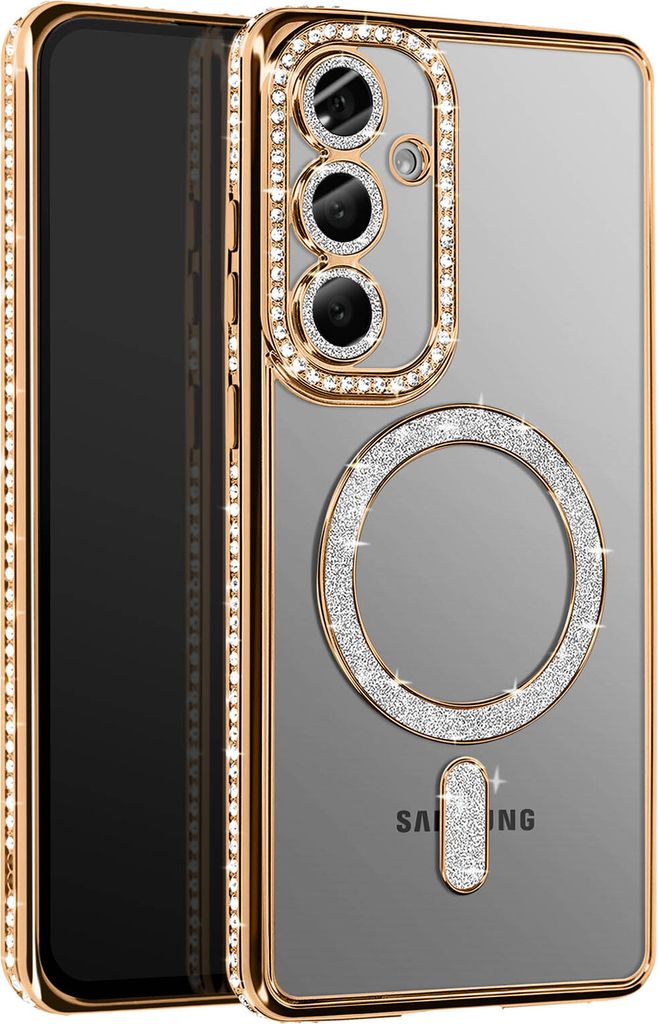 Avizar, Diamant-Hülle für Samsung Galaxy S25 Plus MagSafe Strass-Rand, Gold