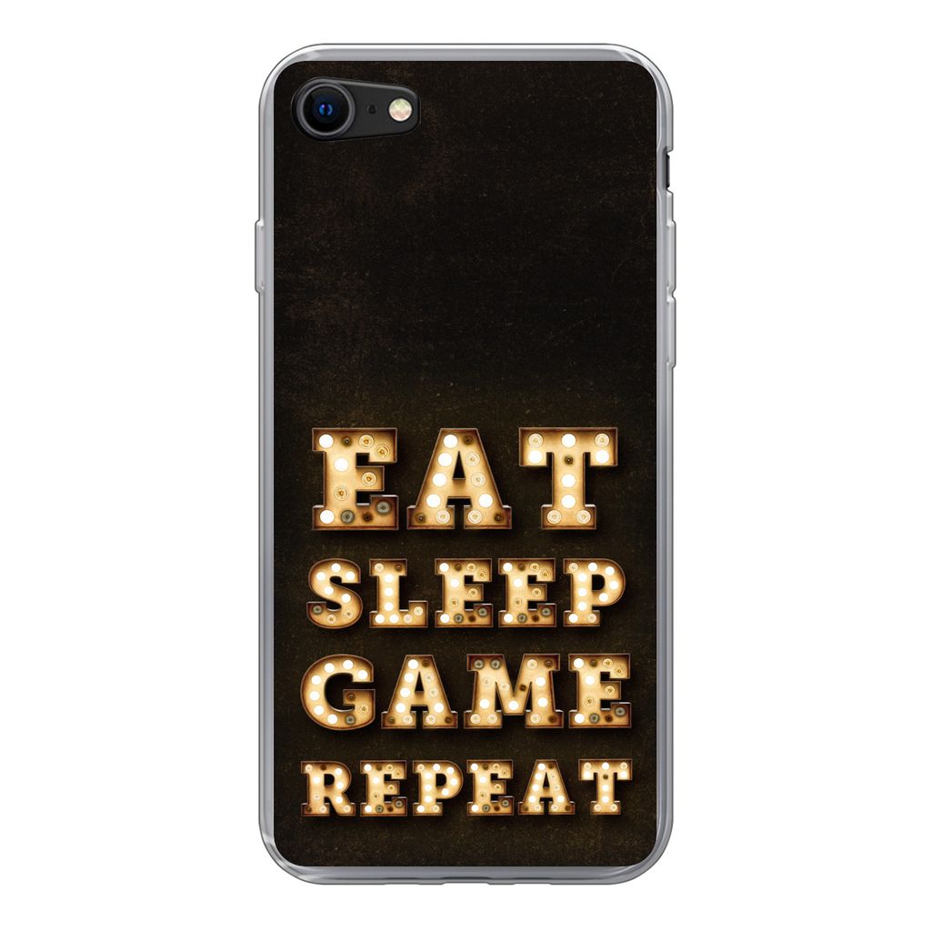 MuchoWow Handyhülle Schutzhülle Hülle für iPhone SE 2020 Spiele - Spiele - Zitate - Sprichwörter - Eat sleep game repeat Silikon Softcase Ha...