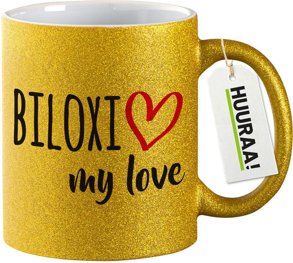 Huuraa Glitzertasse Biloxi my love 330ml Gold Keramik Kaffeebecher Geschenkidee