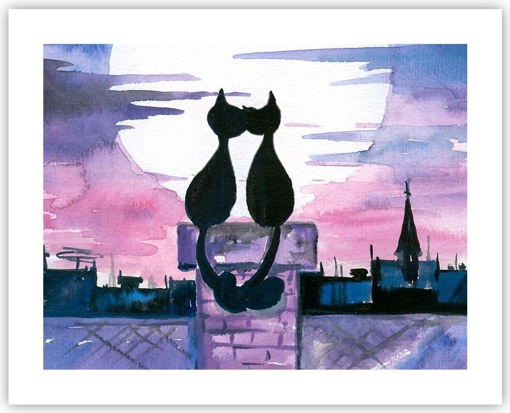 Poster - Poster ohne Rahmen - Katzen Dach Liebe Tier - 50x40 cm - Wand Bild - Wanddeko - Wandbilder - Kunstposter - Wandposter - Bilder - Kunstdruc...