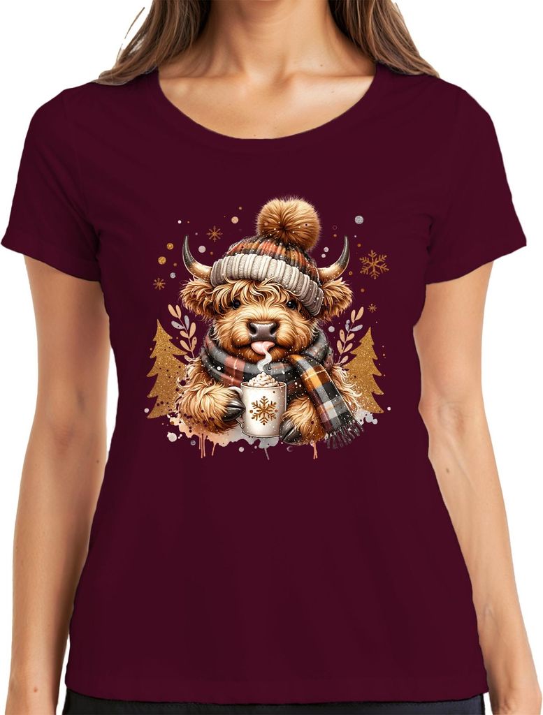 Highland Kuh Bommel Schal Becher Winter Weihnachten Geschenk Damen T-Shirt, Burgundy, XXL