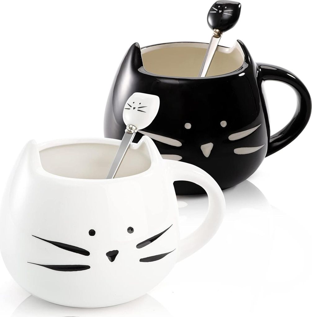 2er-Set Katzen-Kaffeebecher, 350 ml Porzellan-Tee- und Milchbecher mit Löffel für Katzenliebhaberinnen und -liebhaber, Katzenpaar-Becher, ideales...