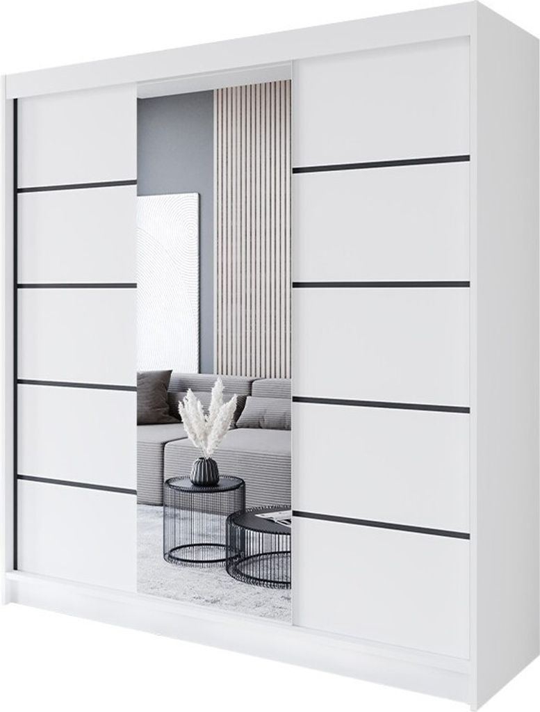 A white wardrobe with a mirrored door reflecting a living room scene with a sofa and coffee tables.