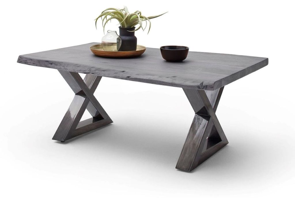 Couchtisch Baumkantentisch Akazie-massiv X-Form rechteckig grau lackiert 110 cm