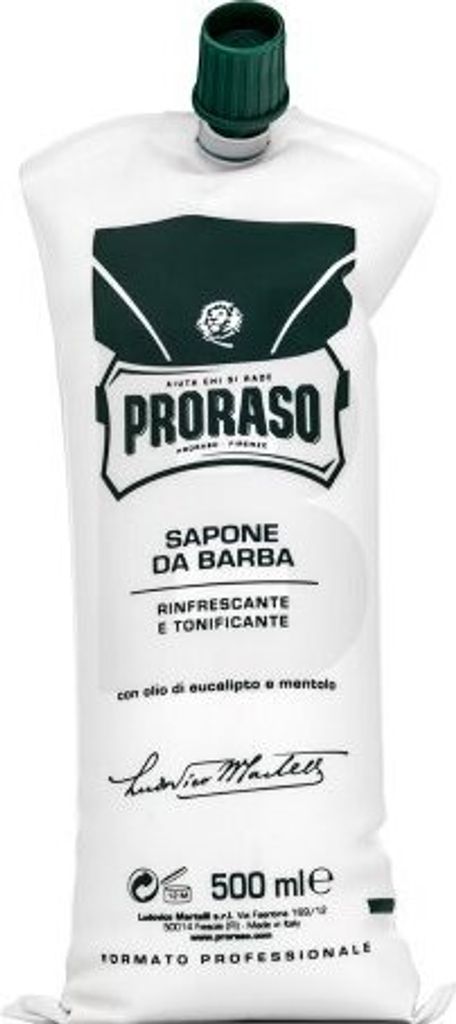 A white pouch of Proraso shaving soap with a green cap.