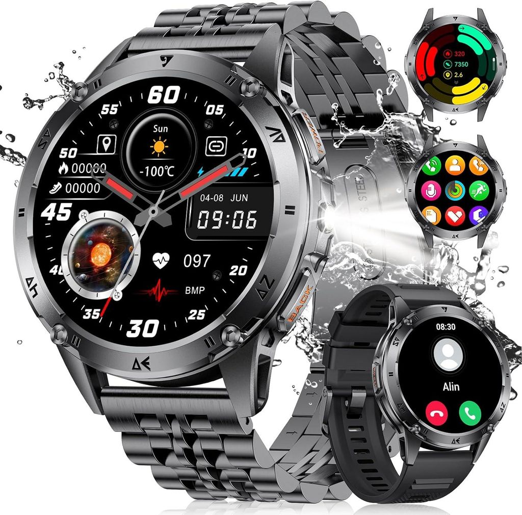 LIGE Herren Smartwatch mit AMOLED Display, Bluetooth Telefonie, 120+ Sportmodi, LED-Taschenlampe, Herzfrequenz & Schlafmonitor, IP68