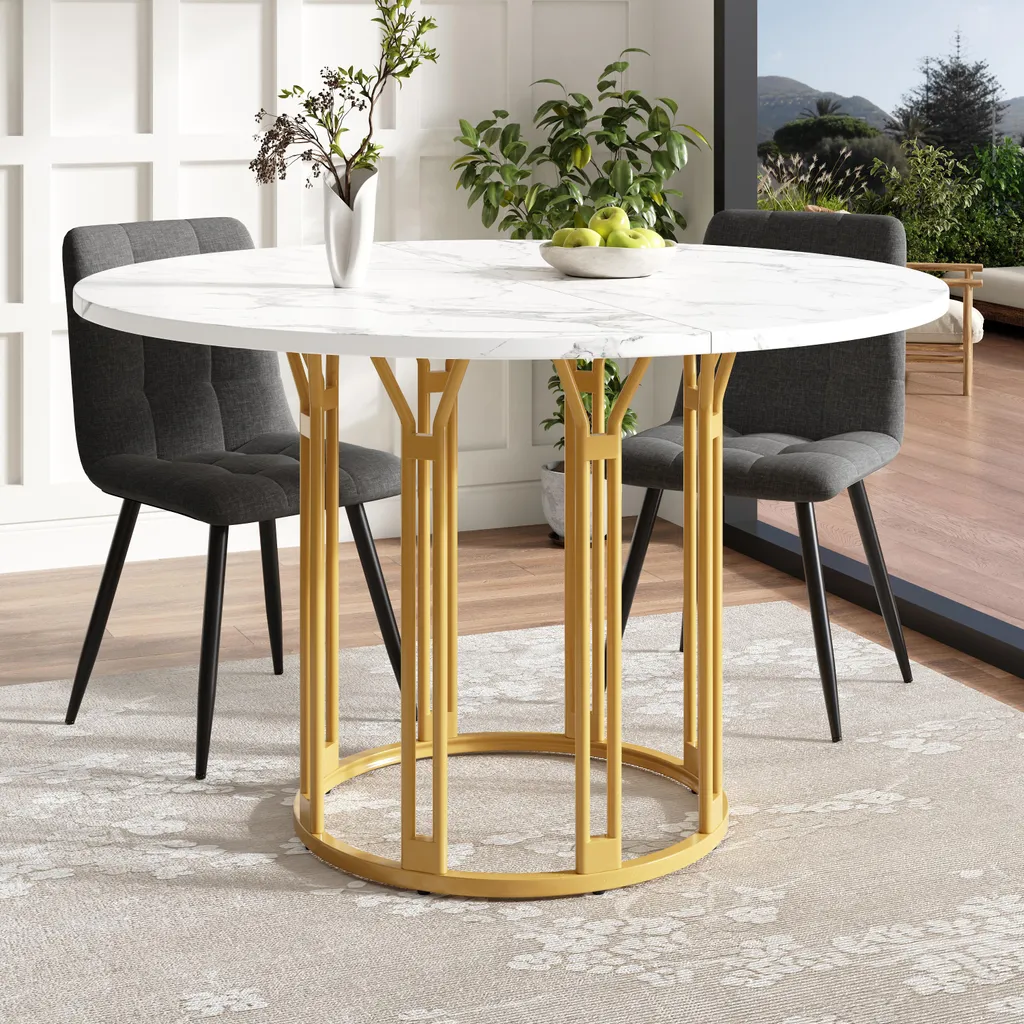 Table à Manger Ronde Effet Marbre Chic avec Structure Métal Or et Noir