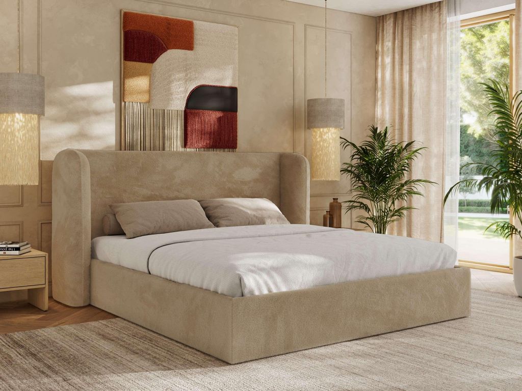 MKS MEBLE Doppelbett Polsterbett EMORA CLASSIC Bett Holzgestell hohes Kopfteil Pocket Matratze VIRE LUX 160x200 Beige Plüsch