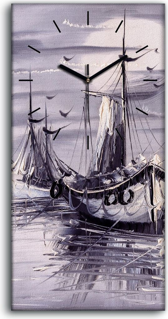 Wandkunst Leinwand Bild Uhr 30x60 Gemälde Nacht Mond Ozean Meer Schiffe Kunst - schwarze Hände