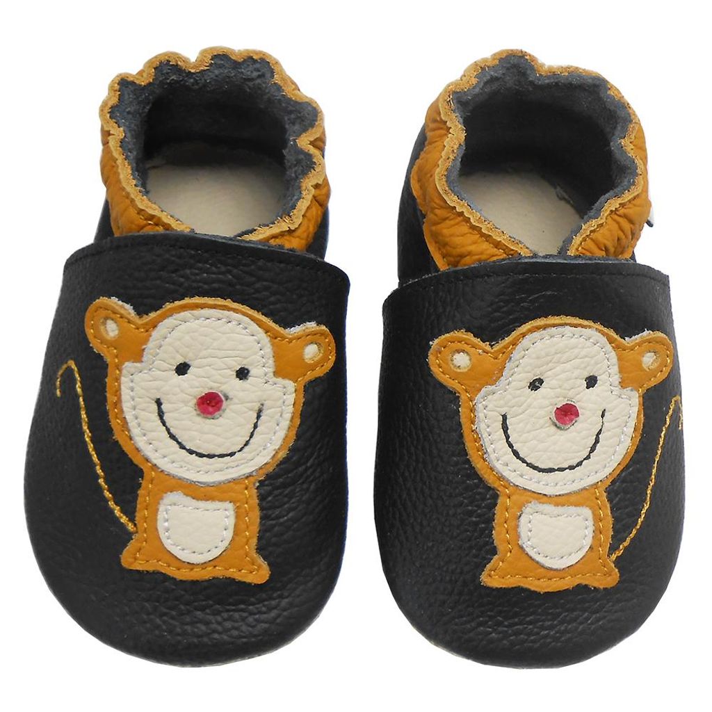 BEMUSE Baby Krabbelschuhe aus Echtleder, weiche Lauflernschuhe für Mädchen&Jungen, rutschfeste Ledersohle, Schwarz, Affenmotiv, Größe S (0–...