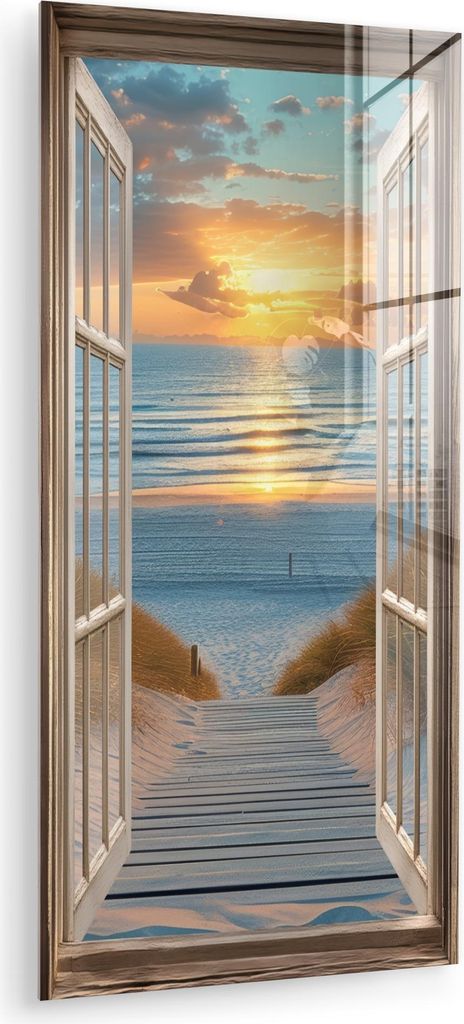 MuchoWow Glasbilder - Bilder auf Wandbild - Foto auf Glas Durchblick - Strand - Weg - Sonnenuntergang 60x120 cm Wanddekoration aus Glas - Acrylglas...