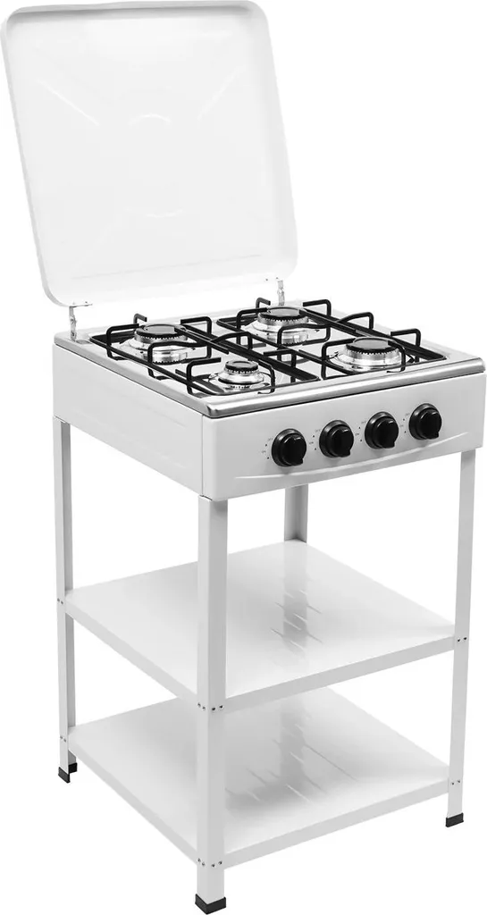 Réchaud gaz 4 brûleurs blanc avec réglage individuel et double étagère de fer