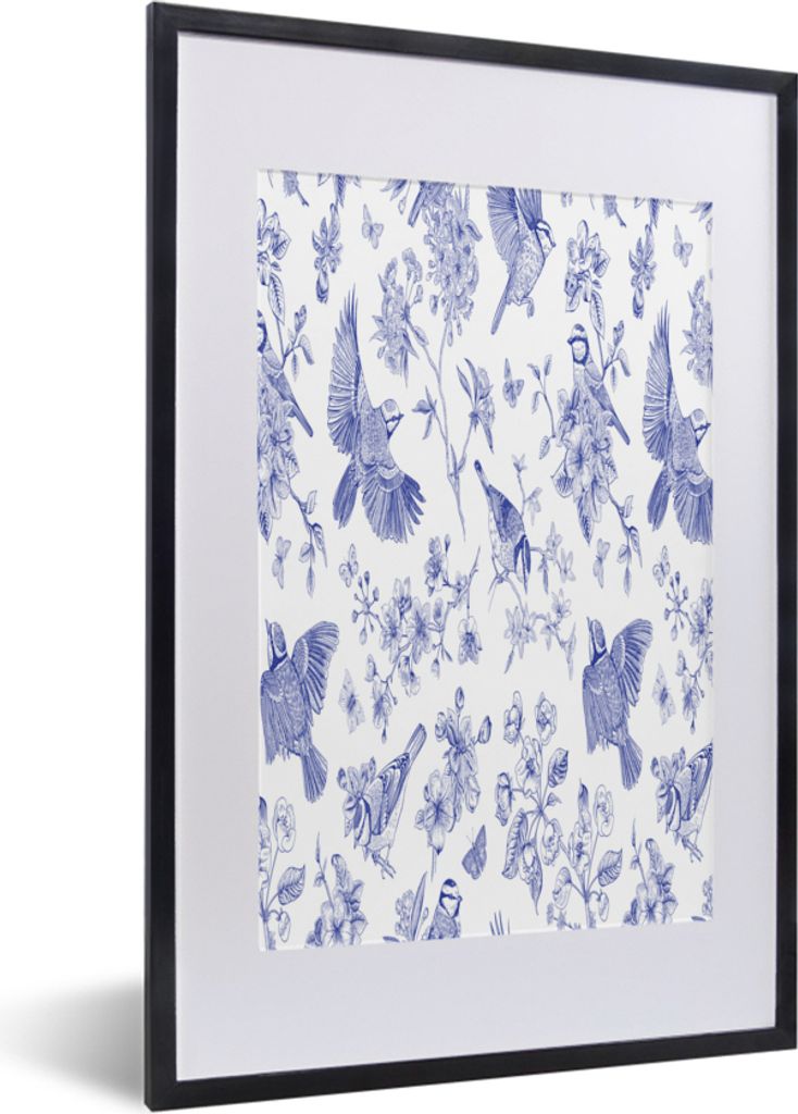 MuchoWow MuchoWow Gerahmtes Poster Vintage - Vogel - Blau 40x60 cm - Poster mit zchwarzem Bilderrahmen - Poster in Rahmen