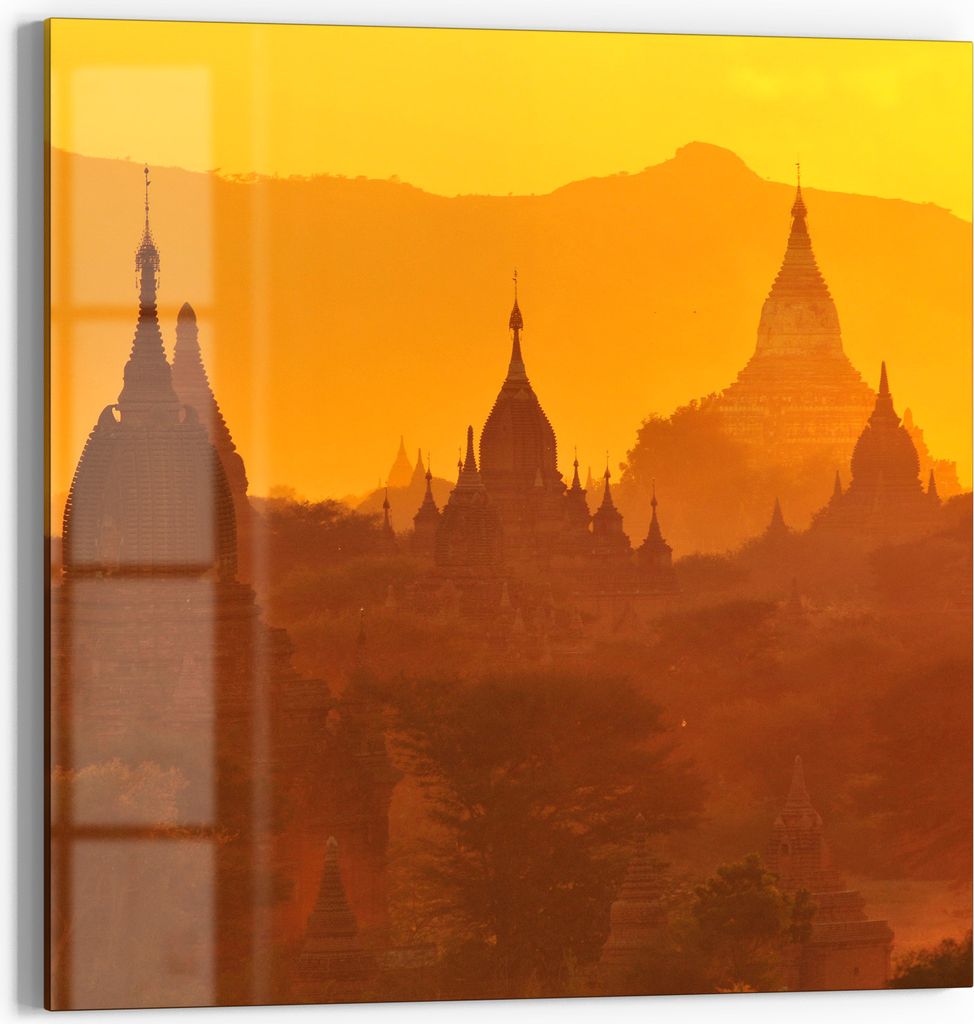 DEQORI Glasbild Acryl 50x50 cm 'Goldene Stupas' Wandbild Bild modern Deko